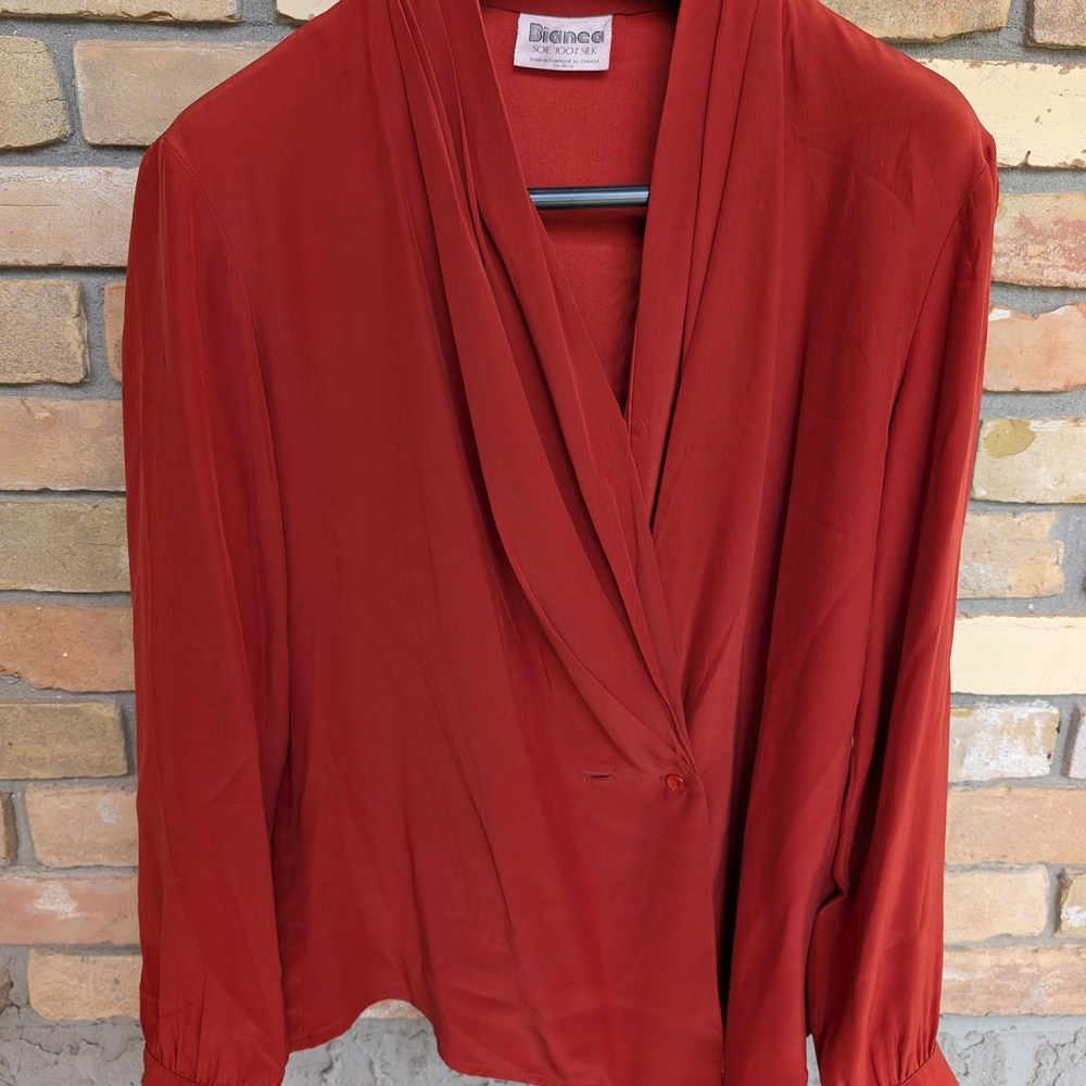 Vintage Silk Blouse Rust orange Colour With Draped Neckline